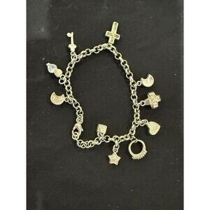 Bracelet Charm Cross, Moon, Heart, Star, Key – Silver Tone 7” Boho Faith